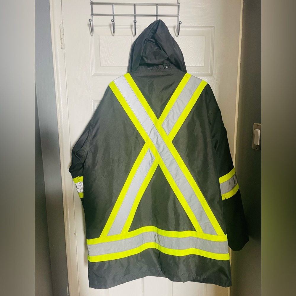 Hi-visibility safety work jacket.